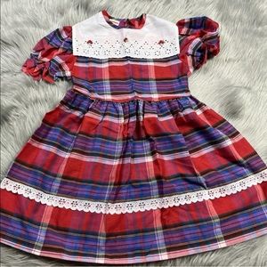 Vintage JCPenney Girls Red Blue Plaid Lace Trim Dress